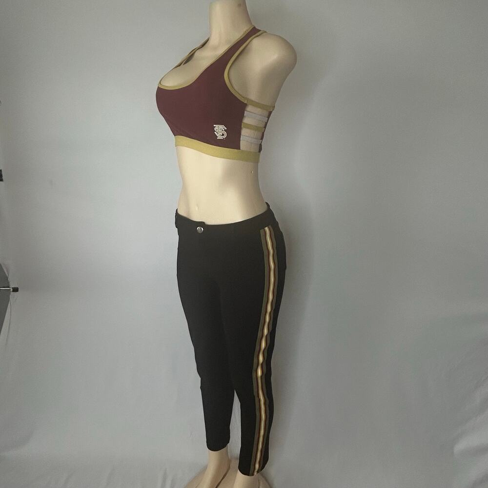 Nuyu FSU Sports Bra Burgundy Gold Strappy Back Athletic Crop Top S/M